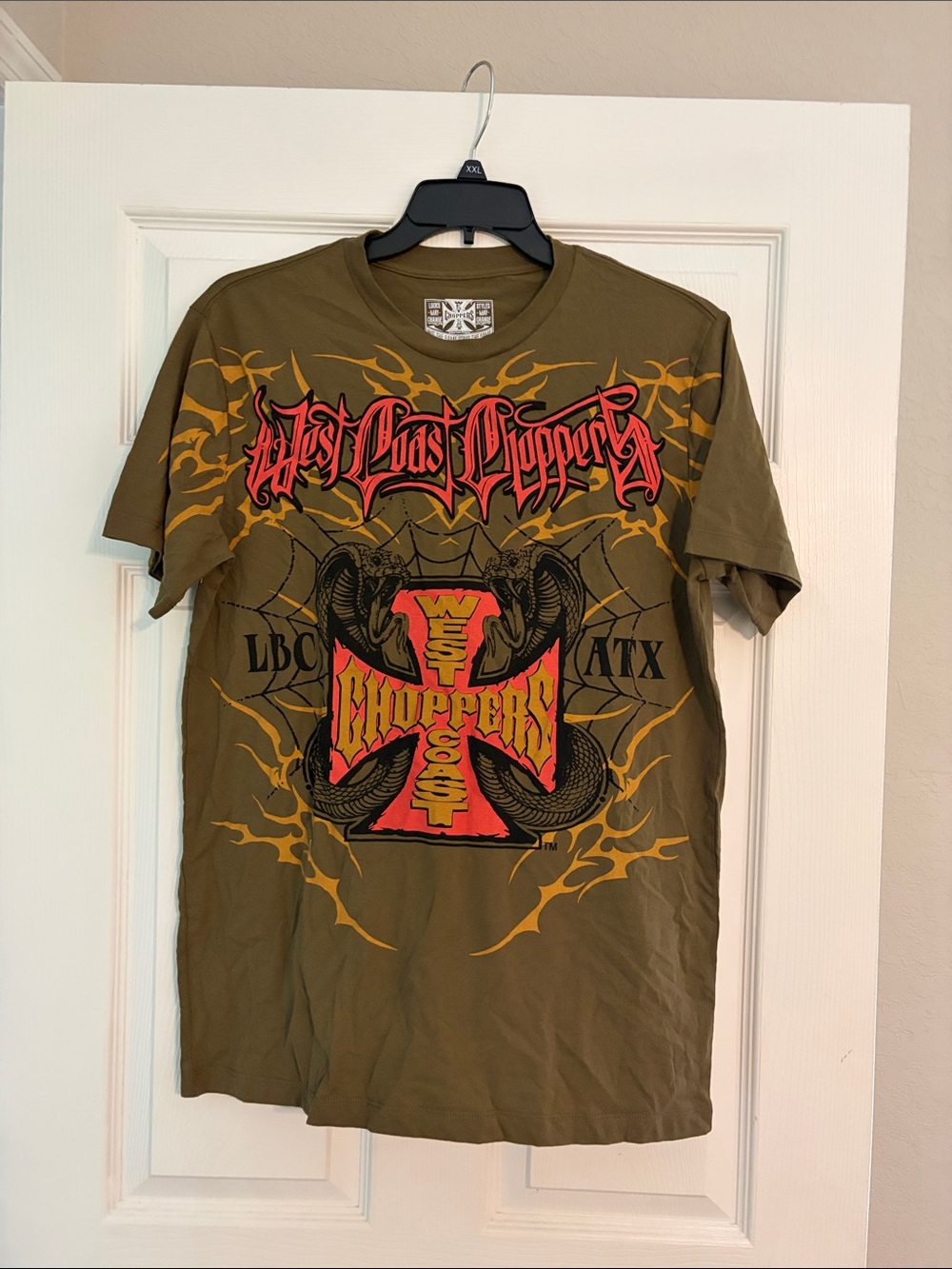 MAD Engine Olive Short Sleeve Tee with Red and Yellow Graphic